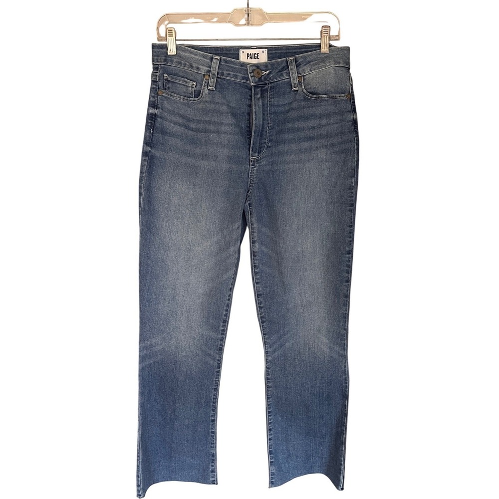 PAIGE Rory Crop Flare Jeans Medium Wash Raw Hem High Rise Denim Womens Size 30